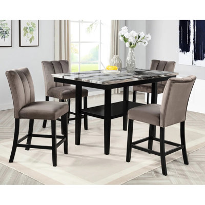 Table de salle à manger rectangulaire de 60 po à hauteur de comptoir pour la cuisine et la salle à manger, plateau en lave anthracite imitation marbre, base noire, tablette de rangement, 4 sièges, style transitionnel, finition brillante, assemblage requis