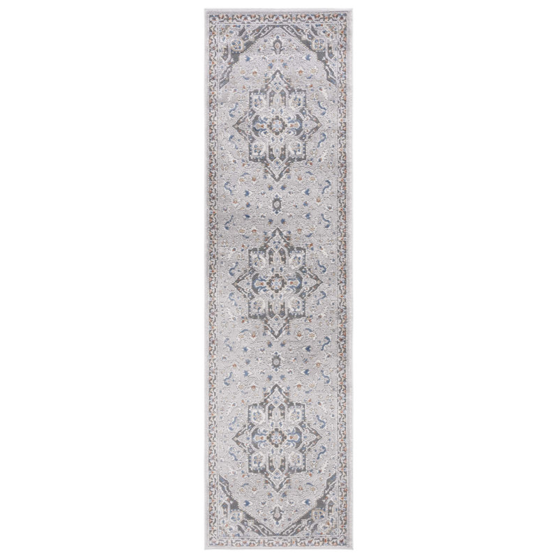 Tapis oriental en polypropylène / polyester tissé à la machine en gris / bleu, Tapis de couloir 2 pi 2 po x 8 pi