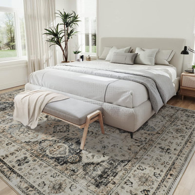 Area Rug 8x10 Machine Washable Rug for Living Room, Non-Slip Backing Vintage Distressed Floor Carpet, Low-Pile Stain Resistant Traditional Floral Print Rug for Home Decor, Beige