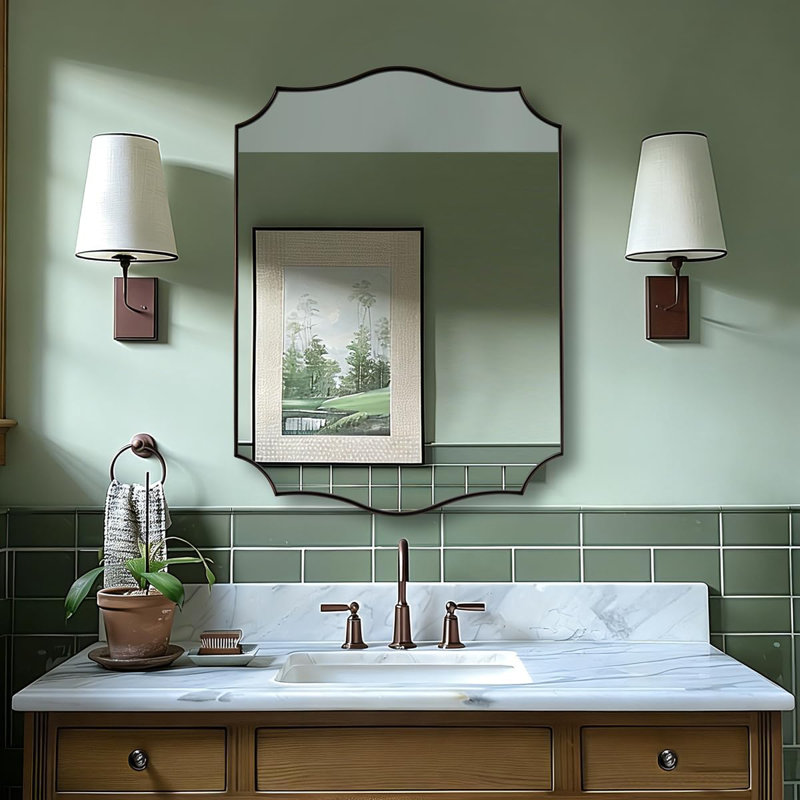 Anayalee Traditional Scalloped Rectangle Bathroom Vanity Mirror | Stainless Steel Frame, 30" x 22", Brushed Bronze