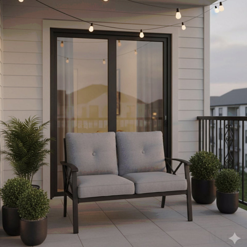 48" All-Weather Metal Loveseat 2 Seats Couch Sofa With Gray Cushions With Black Frame, Gray Cushion/Black Frame