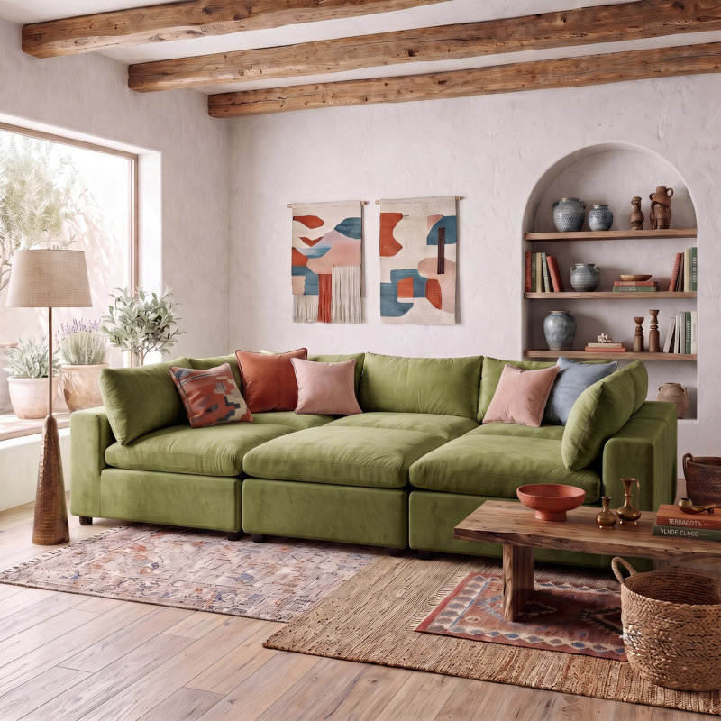 Canapé modulaire 6 pièces rembourré, Velours vert olive