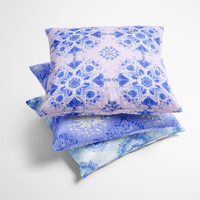 Coussin bleu et blanc Boho Mandala, H 18 po x l 18 po