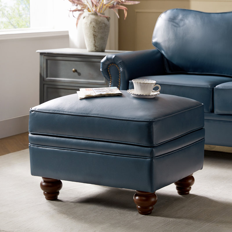 Djuana Transitional 27"W Lift-Top Leather Ottoman with Storage, Navy