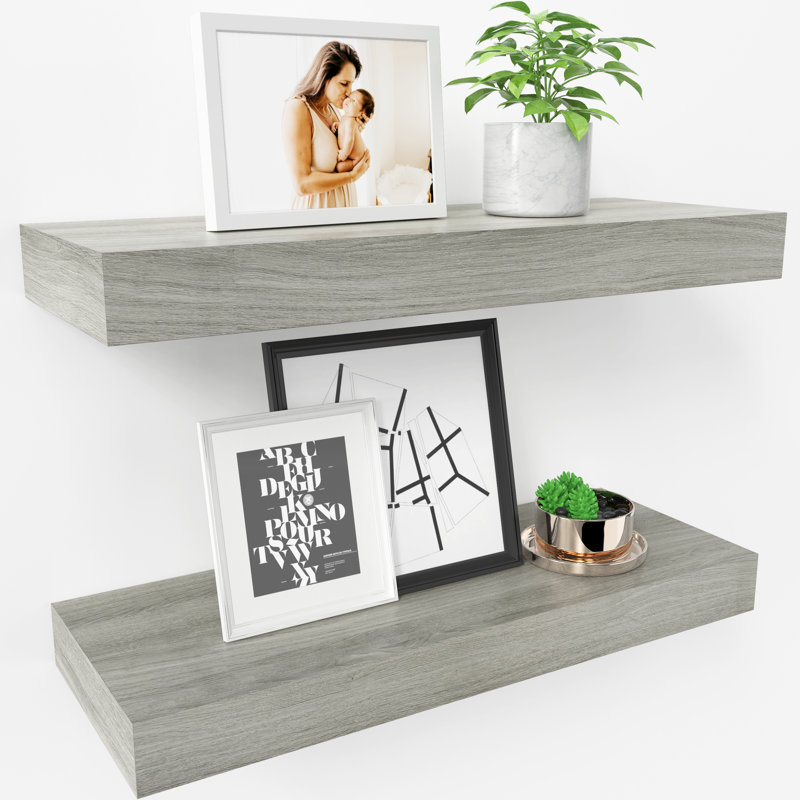 Sydney 16" W x 6" D Floating Shelves Set with Invisible Wall Mount Brackets, Grey Oak