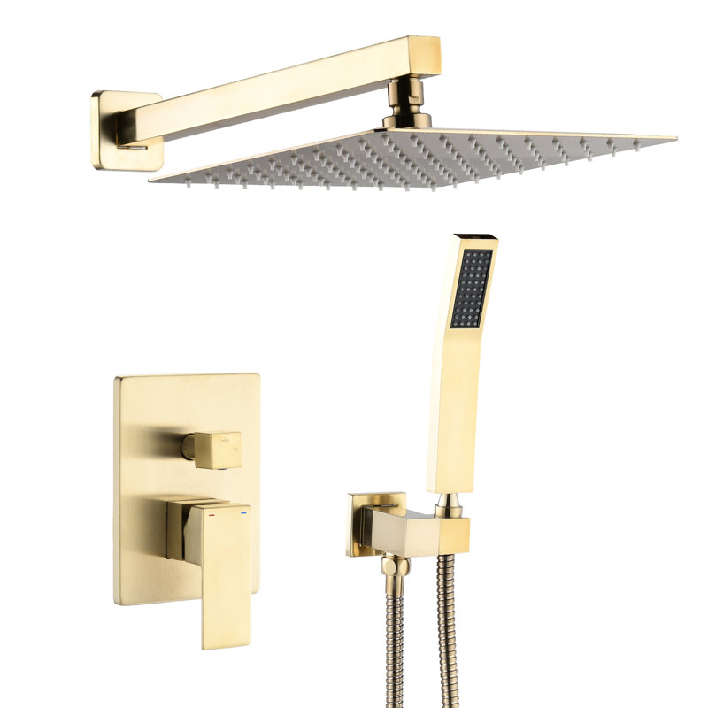 Brushed Gold 10 Inch Wall Mounted Shower System With Adjustable Head, Built - In Flow Control, And Tarnish Finish For Bathroom Elegance Lever Handle, Diverter, Scratch Feature Refresh