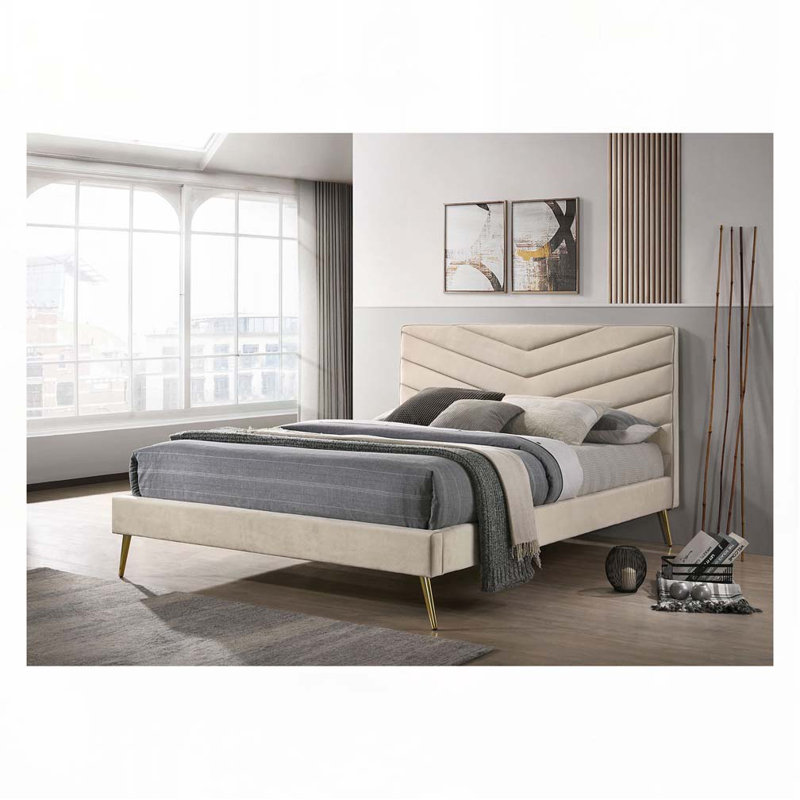 Lit tapissier Mid-Century avec tête de lit en tissu, Grand