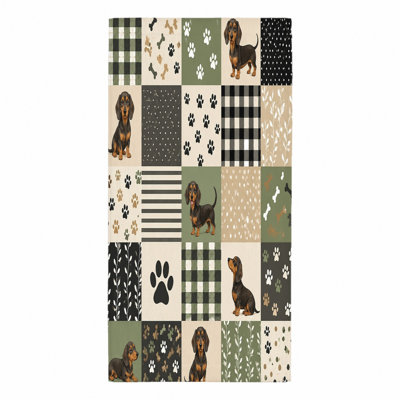1Pcs Dachshund Dog Patchwork Beach Towel, featuring cute, paw prints, bone patterns, plaid and leaf designs in a collage style. Soft microfiber,  for, swimming, travel, outdoor activities, unisex.