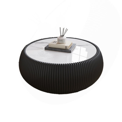 Light Sintered stone Top Drum Shape Leather Coffee modern Sofa Table for Living Room