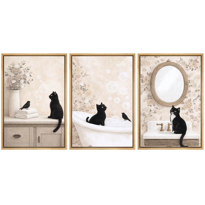 Art de chat fantaisiste, images de salle de bain et de coiffeuse, impression sur toile encadrée, 3 pièces, Cadre naturel