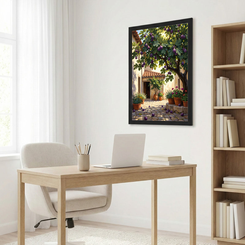 Toile noire encadrée en bois noir pour salon, chambre à coucher, bureau ou vestibule - décoration murale décorative avec jardin méditerranéen