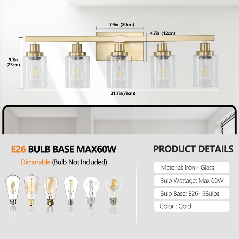 5 - Meuble-lavabo doré avec verre transparent, applique murale moderne en métal et miroir en fer, adaptée au charme de la salle de bain et de la coiffeuse, ampoule E26 compatible sans ampoule, superbe look élégant, compatible