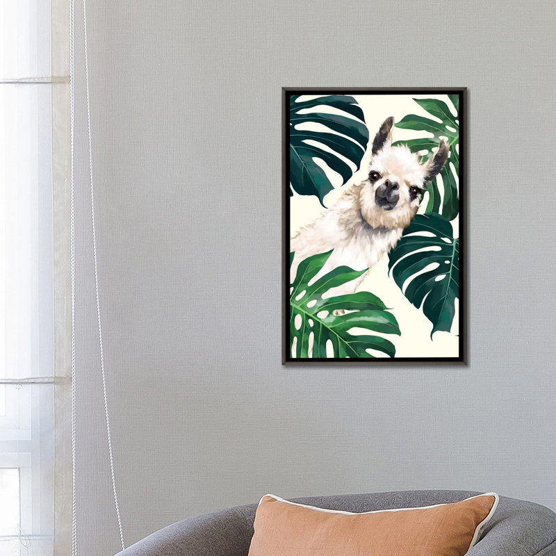 Lama sournois avec art Monstera, H 26 po x l 18 po x P 1,5 po, Toile encadrée de bois rustique foncé