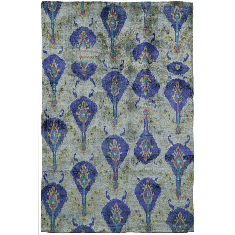 Rumi Abstract Hand-Knotted Silk Purple/Gray/Green Area Rug
