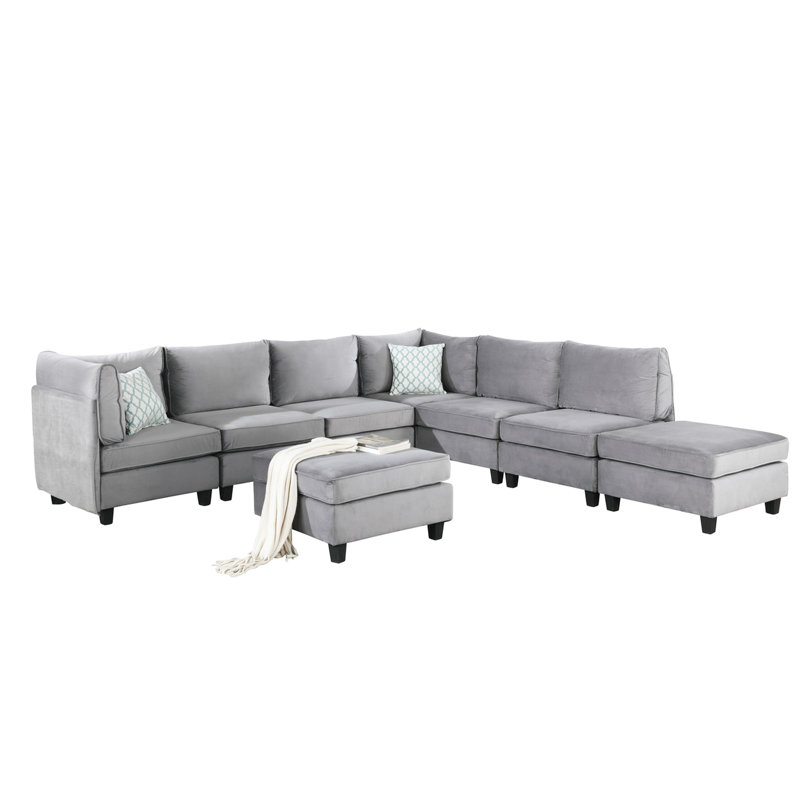 Canapé modulaire en velours gris 8 pièces, 120 po, avec 2 fauteuils d'angle, 4 repose-pieds sans accoudoirs, siège rembourré en mousse