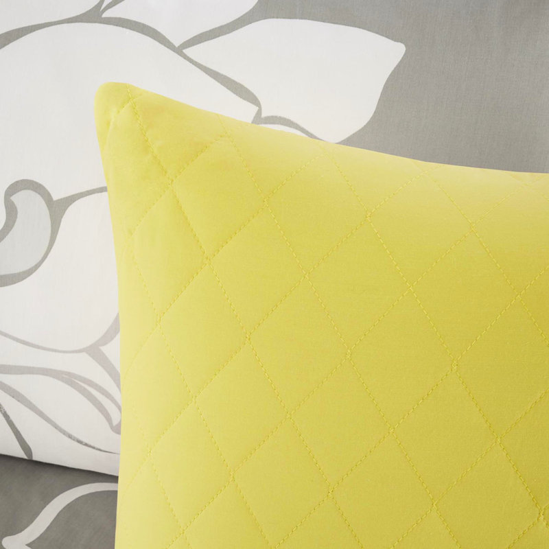 Édredon très grand en coton imprimé - gris taupe / jaune, jupe de lit, bourre de literie, 2 taies décoratives, 3 coussins
