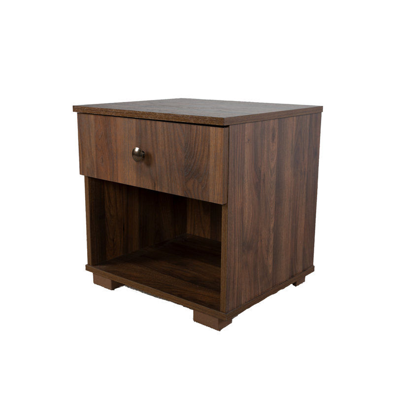 Grand lit tapissier avec 2 tables de chevet, couleur pierre, gris, bases de table de chevet noyer, tablettes et coins, tissu 100%