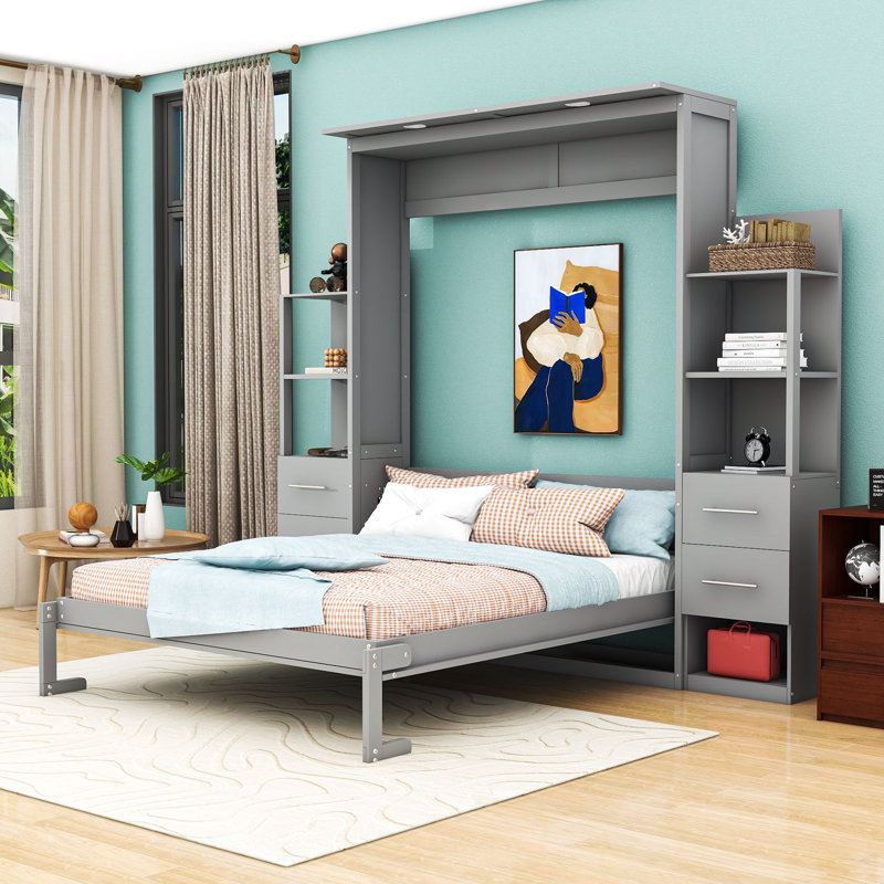 Lit escamotable en bois avec tiroirs intégrés, tablettes et éclairage DEL, Gris, Grand lit