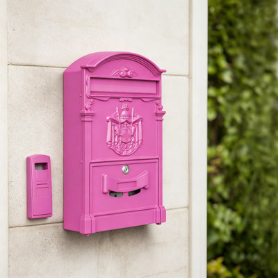 Wall Mount Mailbox, Locking Drop Mailbox for House, Galvanized Steel Outside Mailbox, Metal Post Box, Vintage Barbie Pink Finish