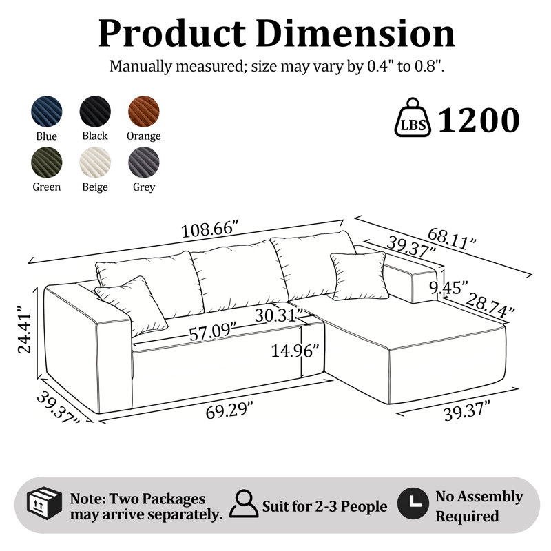 Kapellen 108.66‘’Modular Sectional Compression Sofa, No Assembly Required Sectional Free Combination Couch with L-Shape Chaise