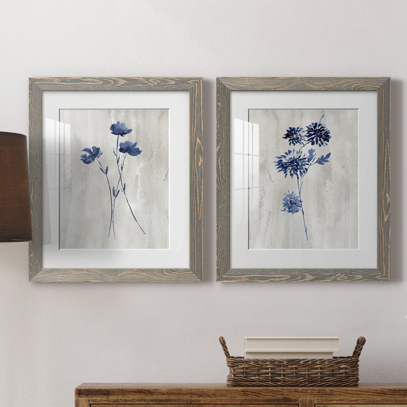 Indigo Botanical III - ensemble de 2 reproductions d'impressions, Blanc, H 20 po x l 17 po x P 1 po, Cadre en papier gris