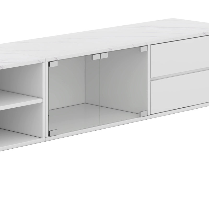 Meuble télé moderne à DEL avec portes en verre trempé, 2 tiroirs et armoire, Blanc