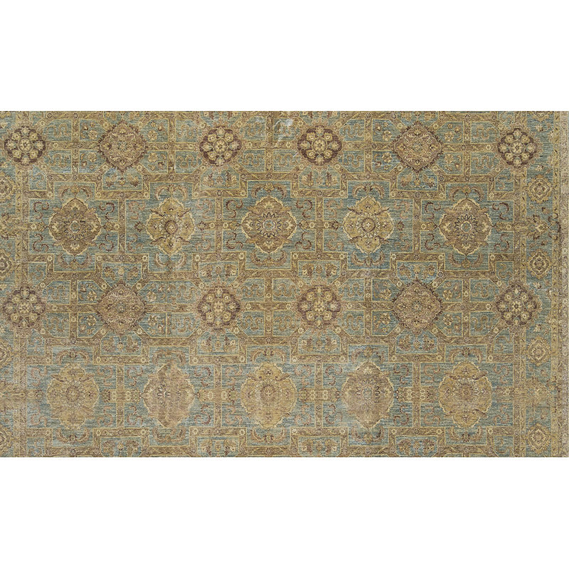 Tapis doré et bleu clair noué à la main de haute qualité
