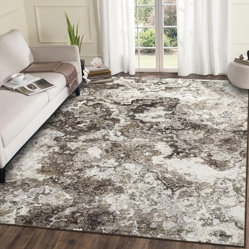 Washable Brown Rug, Abstract Non-Slip, Soft Low Pile for Kitchen, Hallway, Bathroom, Laundry, Indoor Accent Carpet.