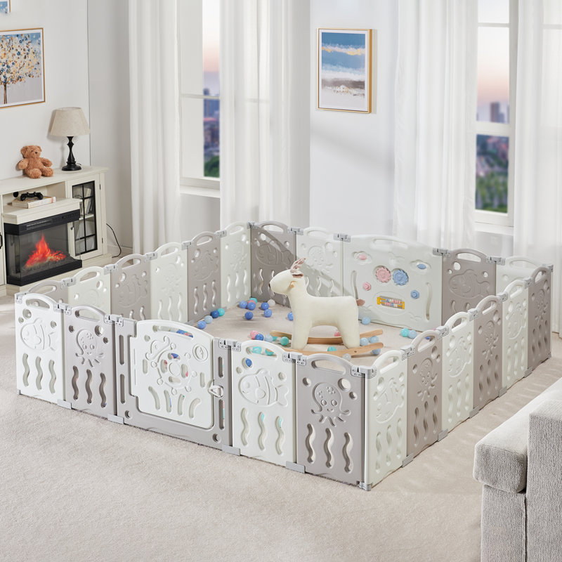 Centre d'activités pour enfants avec parc de jeu et barrière de sécurité Brile Albott, H 25 po x l 85 po x P 85 po, Gris