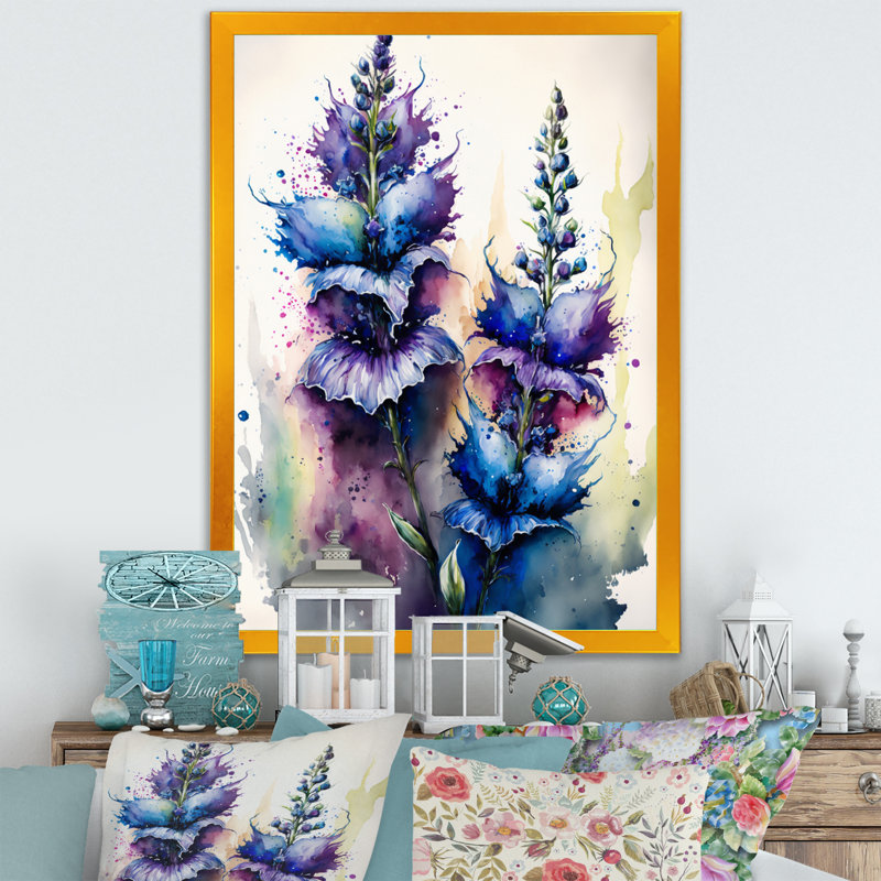 «Amily Blue and Purple Delphinium», reproduction sur toile, H 32 po x l 16 po x P 1 po, Impression dorée sur toile encadrée
