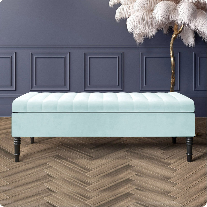 Safar Striped Ottoman Storage Bench – Upholstery Plush Velvet Shoe Bench with Black Turned Wooden Legs, White