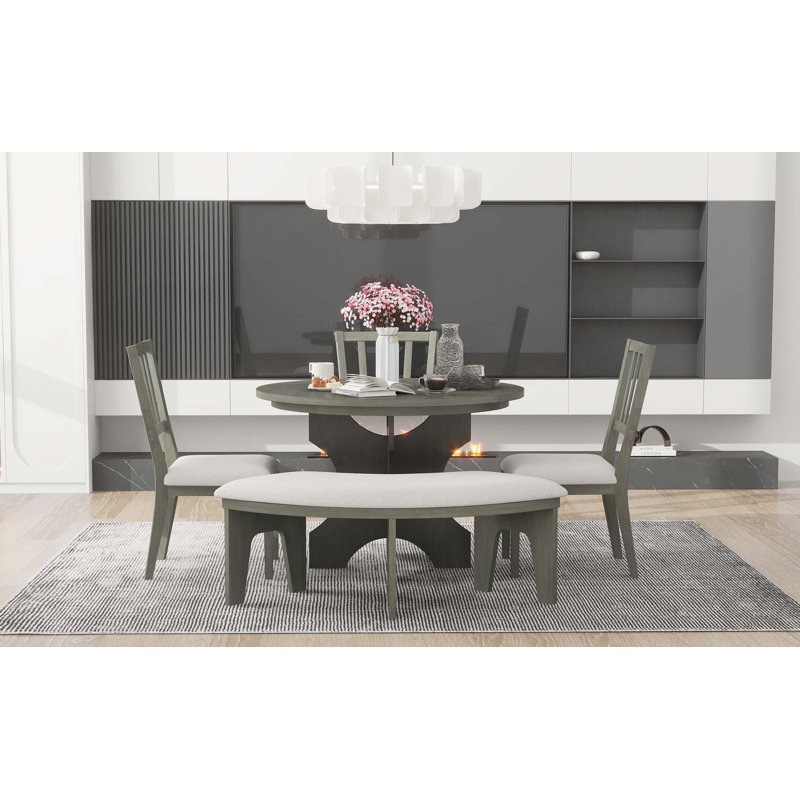 5-Piece Rustic Round Dining Table With 3 Upholstered Chairs & Curved Bench, Grey