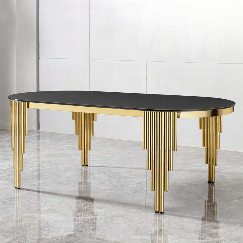 Table de salle à manger 70 "ovale en verre avec pieds en acier inoxydable doré