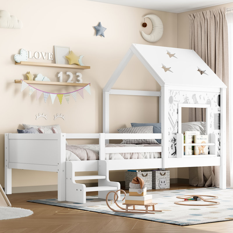 Twin Size House Bed Frame With Cute Star-shape Roof And Window For Boys Girls Teens, Solid Wood House With Low-profile Stairs And Bookcase, Blackboard Design, White