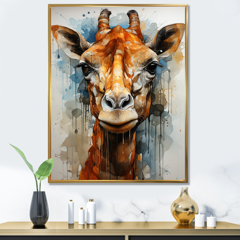 Girafe moderne, portrait sur toile, Cadre flottant doré, H 20 po x l 12 po x P 1 po