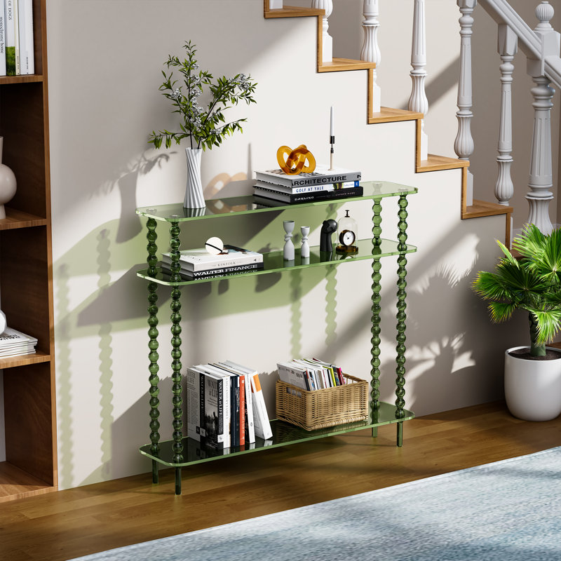 Acrylic Console Table Narrow, 3 Tier Long Entryway Table With Storage, Mid-century Modern Sofa Table For Living Room, Hallway (Green, 39.4“×9.4”×35.4“)