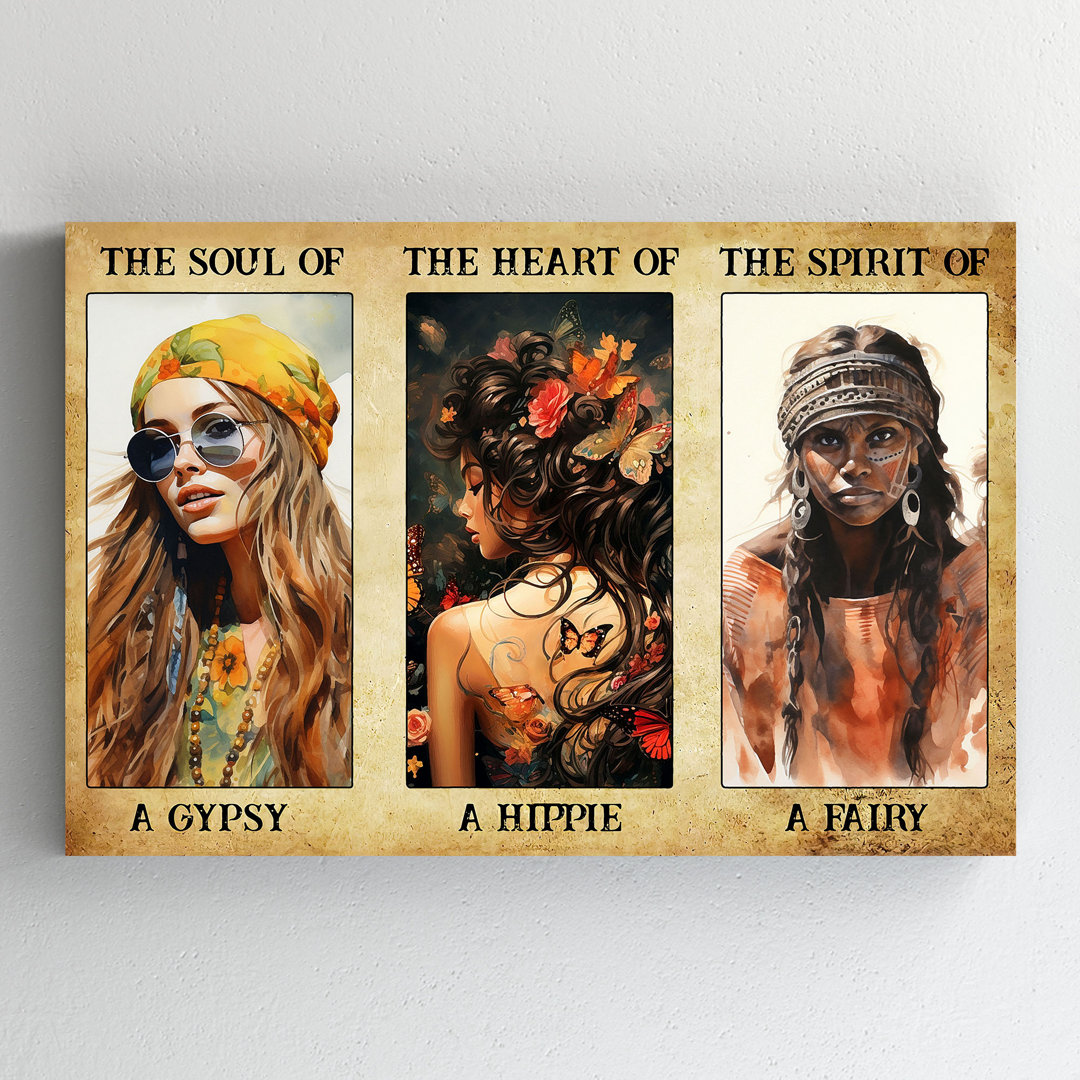 Girls With The Soul, The Heart And The Spirit Gallery Wrapped Canvas - For Girl Illustration Decor, Blue And Brown Home Decor Bungalow Rose 