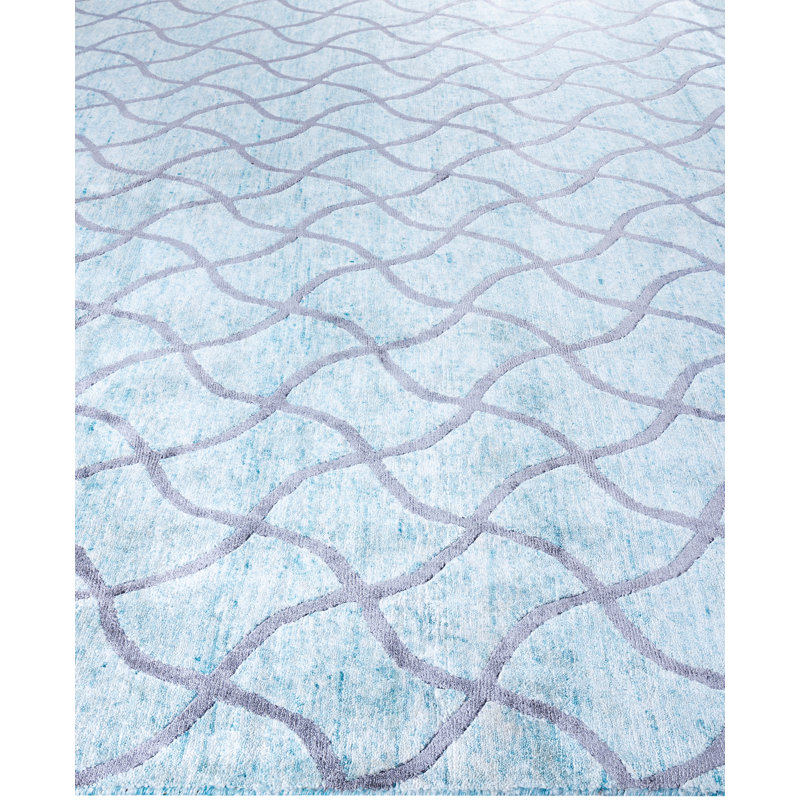 Tapis moderne noué à la main de conception unique - vert, 9 pi 0 po x 11 pi 10 po