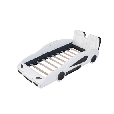 Lit simple en forme de voiture de course avec roues pivotantes fonctionnelles - Blanc