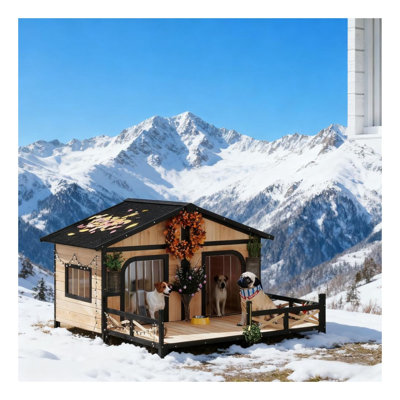 Niche pour chien en bois à deux pièces avec porche, toit ouvrable et fond amovible pour un nettoyage facile