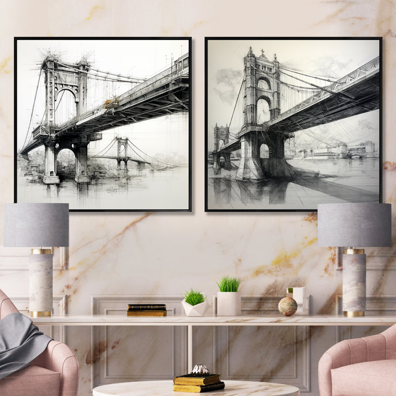 Dessin d'analyse d'un pont - ensemble de 2 collages carrés, Cadre flottant noir, H 30 po x l 61 po