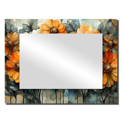 Golden Zinnias Flowers Geometric Beauty II - Floral Wall Mirror Art - Printed On Metal