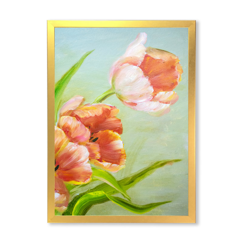 Fleurs de tulipes rouges rétro I - peinture sur toile, H 32 po x l 24 po x P 1 po, Encadrement doré