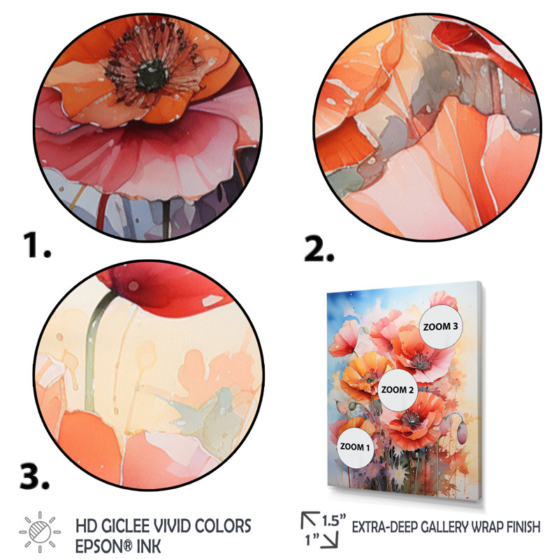 «Meadow Poppies In The», impressions murales florales et botaniques, H 32 po x l 16 po, Toile tendue