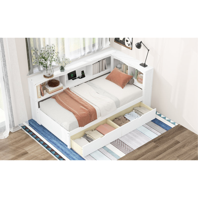 Lit de jour simple en blanc avec ports et tiroirs de rangement - Structure de sommeil douillette