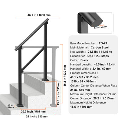 Rambardes pour escaliers extérieurs, ensemble de rambarde pour escalier de 2 à 3 marches, rampes en acier au carbone de style transitionnel avec trousse d'installation, rampes d'escalier pour personnes âgées, marches en béton, porche et terrasse, tube carré noir