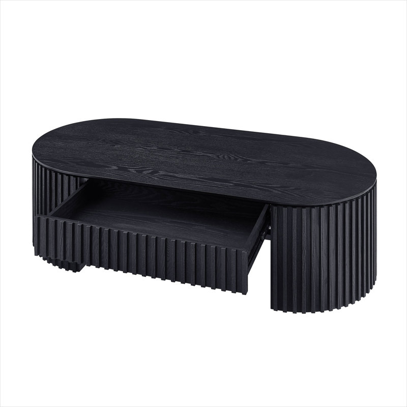 Table basse Mid-Century moderne ovale avec tiroir et rangement spacieux en noir de jais pour les salons compacts