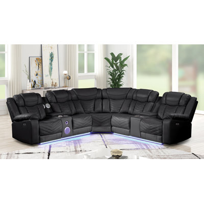 CHALLENGER Modern Style Recliner Sectional Sofa, Built In USB-C Ports & Bluetooth, Made With Wood & Faux Leather In Black(NJ INVENTORY)