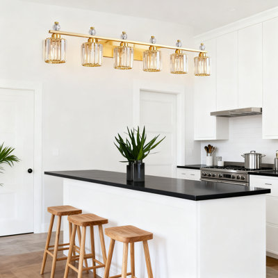 Modern 6-Light Bathroom Vanity Lighting Fixture With Crystal Shades And Gold Finish For Over Mirror Installation
