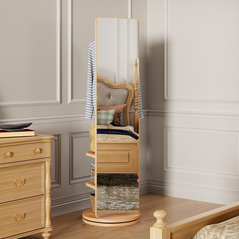 Solid Wood Full - Length Mirror With 360 Rotation And Storage Hook, Suitable For Clothing Store Hook Storage, Corridor
